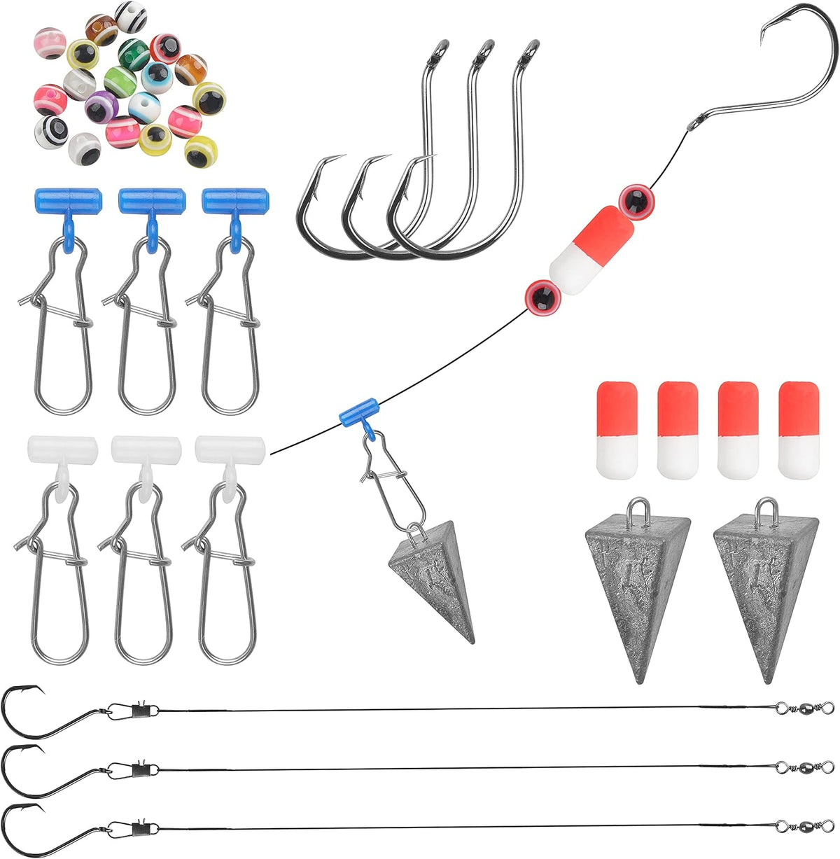 105PCS Surf Fishing Tackle Kit Fish Finder Rigs Saltwater Surf Fishing Rigs Live Bait Rig with Hooks Floats Sinker Slider Beads Pyramid Sinkers Leaders for Bass Beach Ocean Fishing Gear Accessories