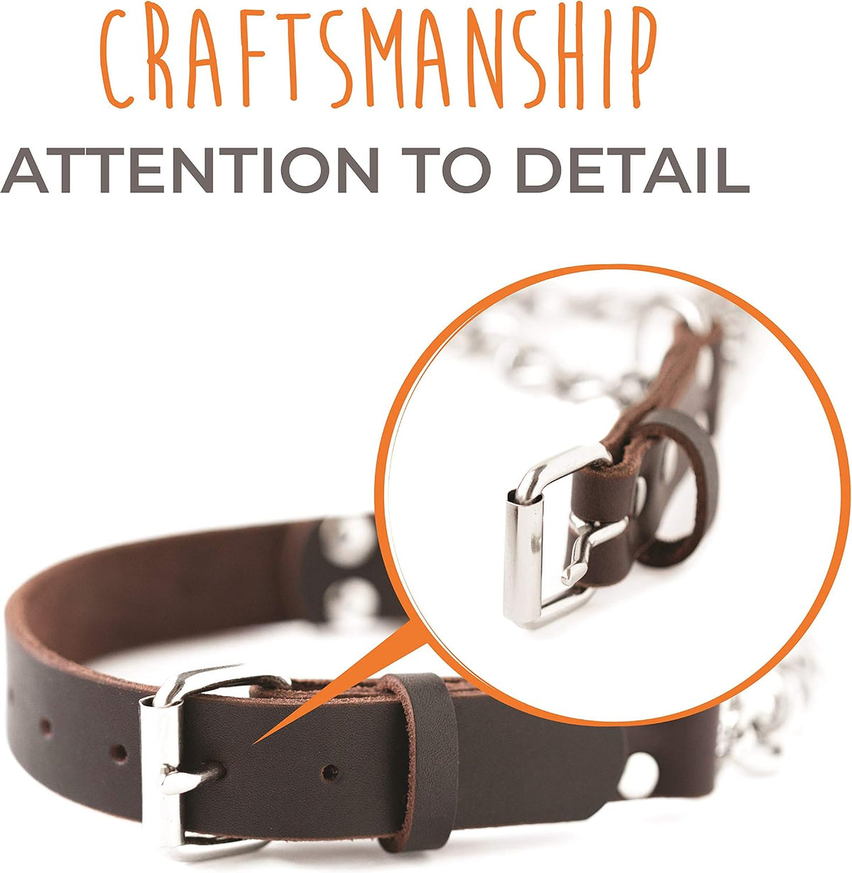 Martingale Dog Collar - No Pull Design - Stainless Steel Chain - Limited Chain Cinch Training - Brown Leather Martingale Training Collar - Medium Size