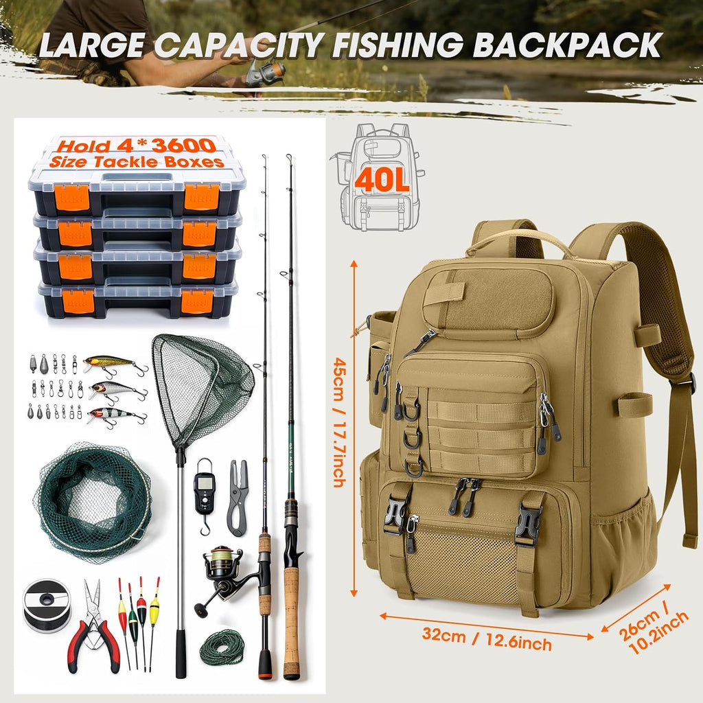 Fishing Backpack 40L Tackle Backpack with Rod Holders & Cooler