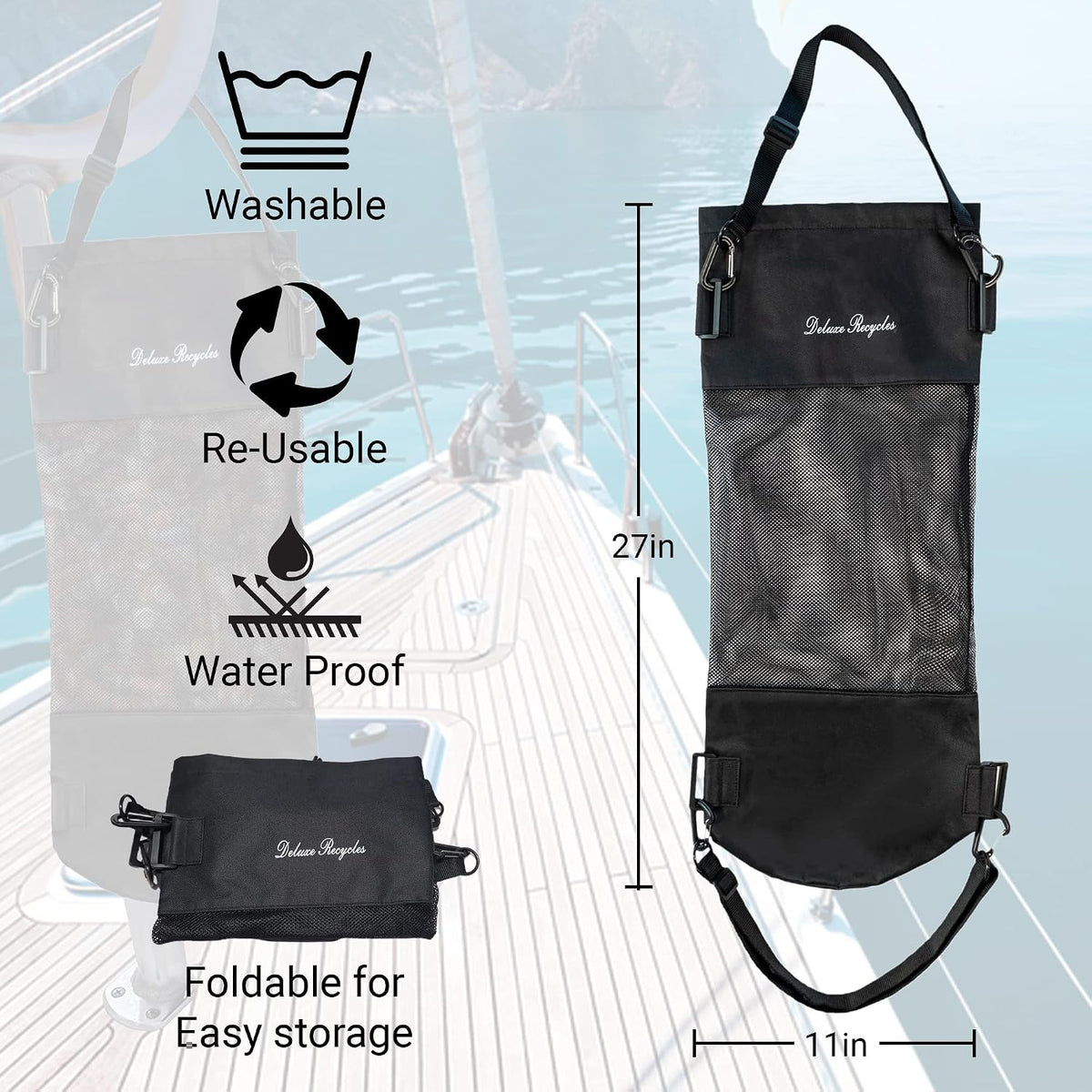 Portable Mesh Trash Bag for Boat - Washable Leakproof Outdoor Garbage Bags for Boat, Kayak or Camper – Lightweight & Large Capacity Bin Bag (Black)