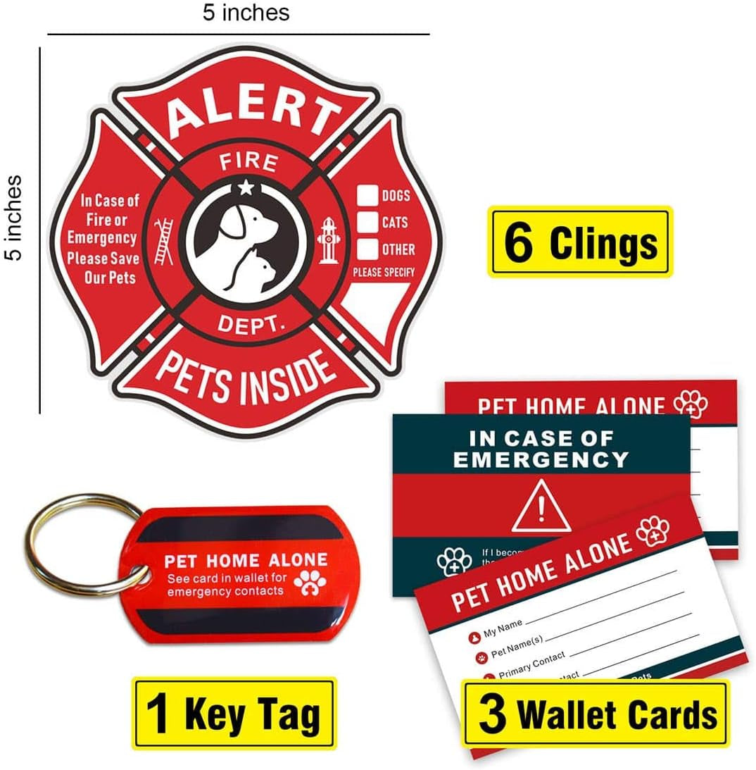 Pet Alert Stickers Static Cling Window Decals Emergency Pets Rescue Sign (6 Pack) with Bonus: Pet Home Alone Wallet Card & Key Tag - NO Adhesive, Removable, UV Resistant