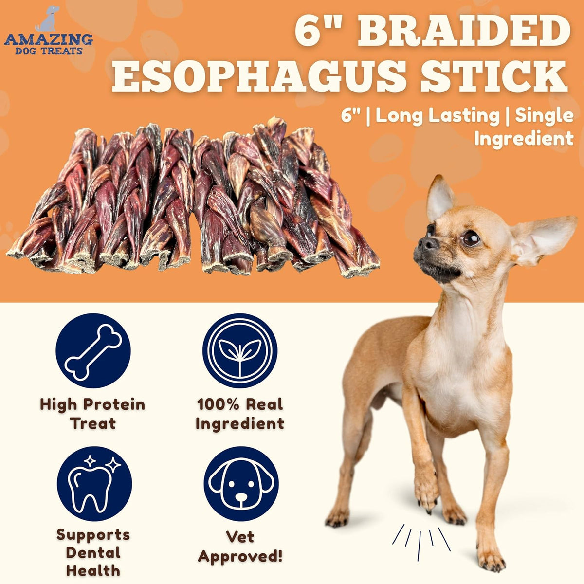 - 6 Inch Braided Gullet Stick (8 Pc/Pack) - Dog Jerky Treats - Beef Esophagus -Gullet for Dogs - Beef Esophagus Dog Treats