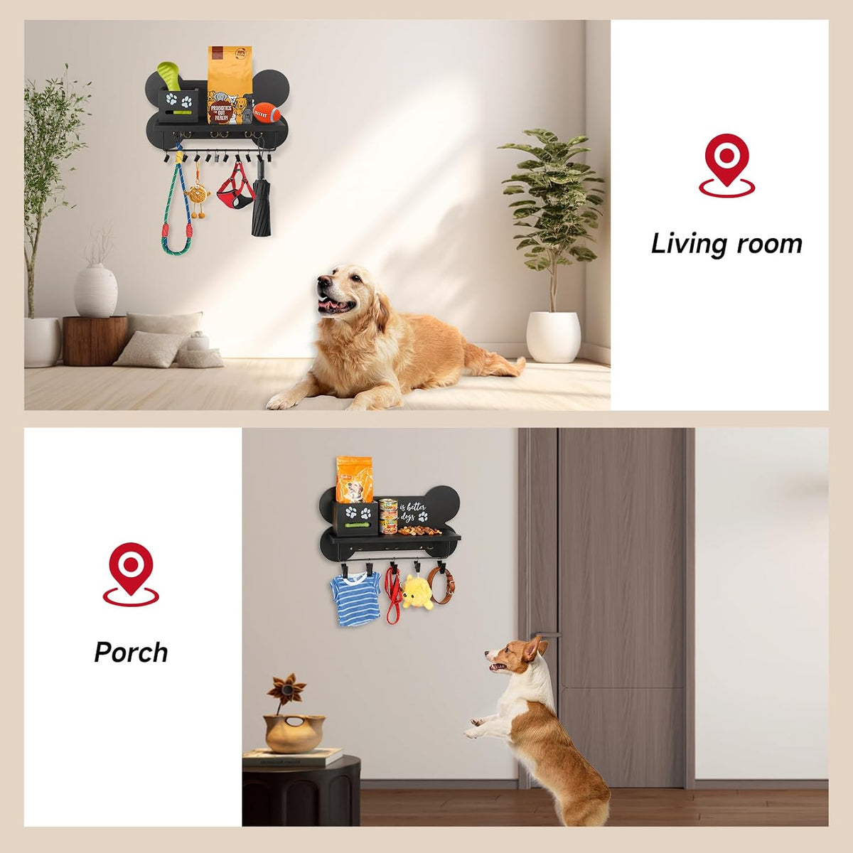 Wood Dog Leash Holder for Wall, Black Bone Hook for Entryway