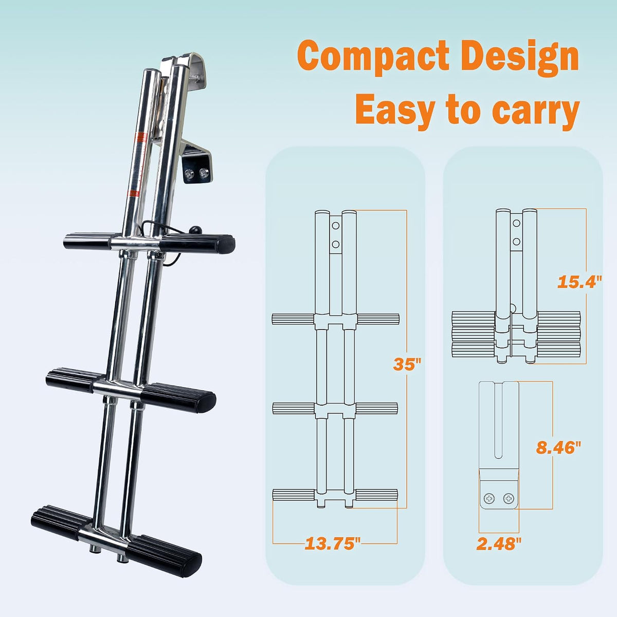 3 Step Boat Ladder, Stainless Steel Dive Boarding Ladders for Bass Fishing Boats, Heavy-Duty with Non-Slip Treads