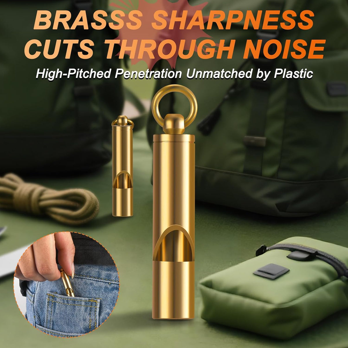 Brass Emergency Whistles 2 Pack with Tangle-Free Lanyard - Pealess Safety Whistle Survival Loud Blast for Kayak Life Vest, Boating, Camping Hiking, Hunting, Adults