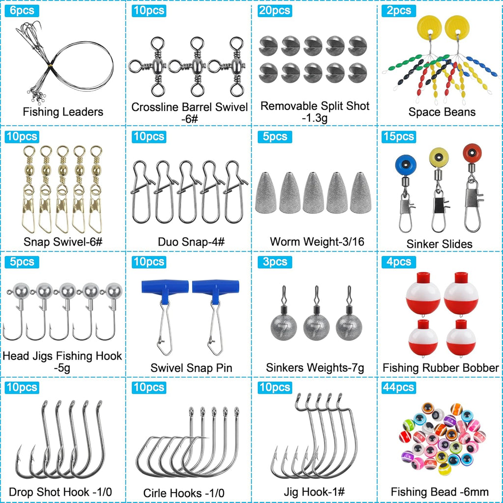 175Pcs Fishing Tackle Box Kit Hooks Bobbers Sinkers Swivel Snaps Freshwater Saltwater Starter Set for Bass Trout Catfish Beginner Fishing Gift
