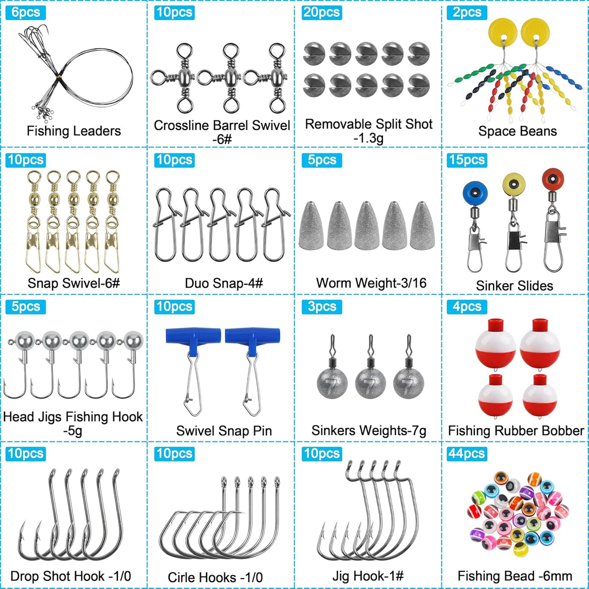 175Pcs Fishing Tackle Box Kit Hooks Bobbers Sinkers Swivel Snaps Freshwater Saltwater Starter Set for Bass Trout Catfish Beginner Fishing Gift