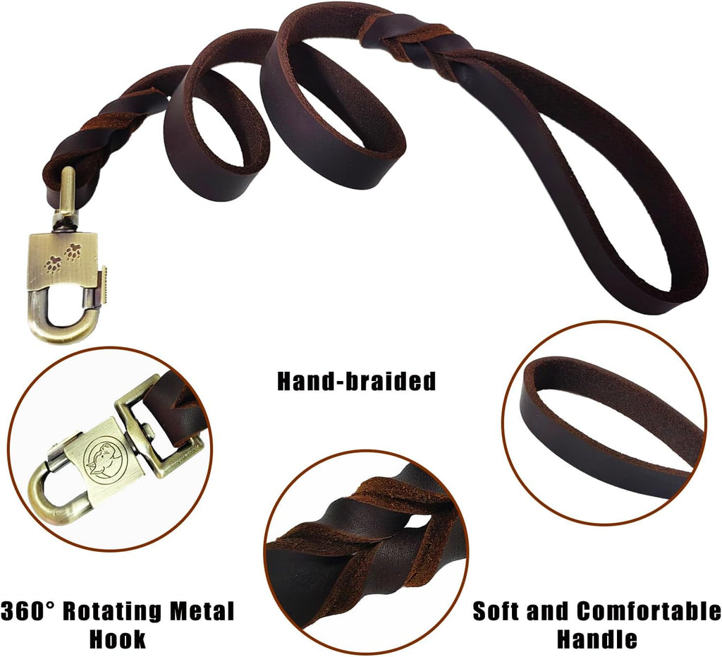 Leather Dog Leash 3 Ft Upgrade Braided Thick Genuine Leather Dog Leash with Lock Head Hook Short Heavy Duty Pet Training Lead for Medium Large Dogs