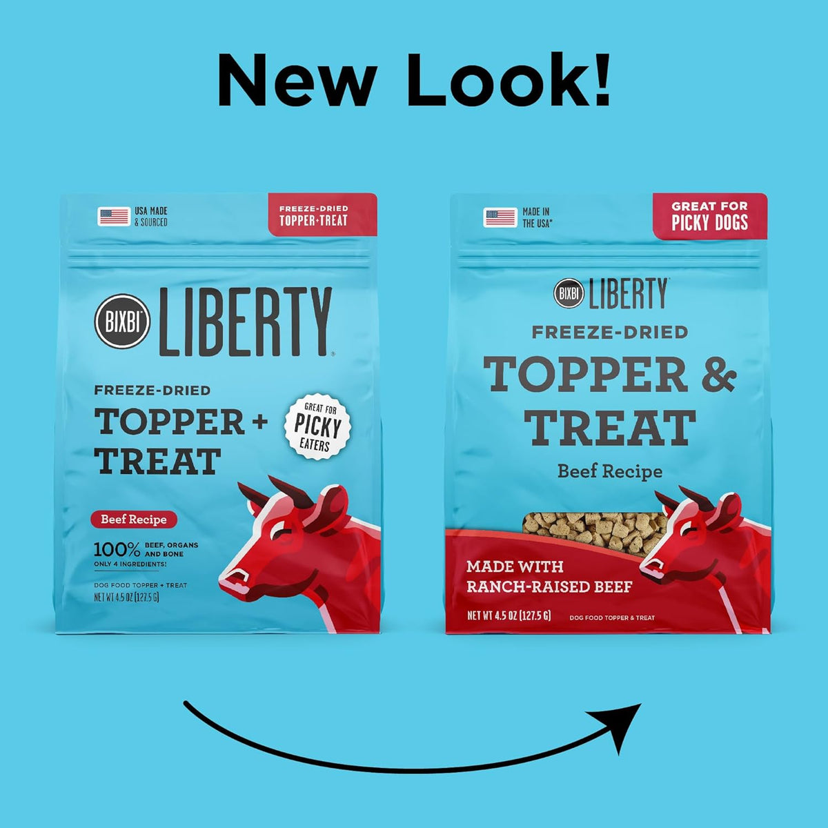Liberty Freeze Dried Dog Food Topper + Dog Treat, Beef Recipe, 4.5 Oz - 98% Meat and Organs, No Fillers - Pantry-Friendly Raw Treat or Food Topper - USA Made in Small Batches