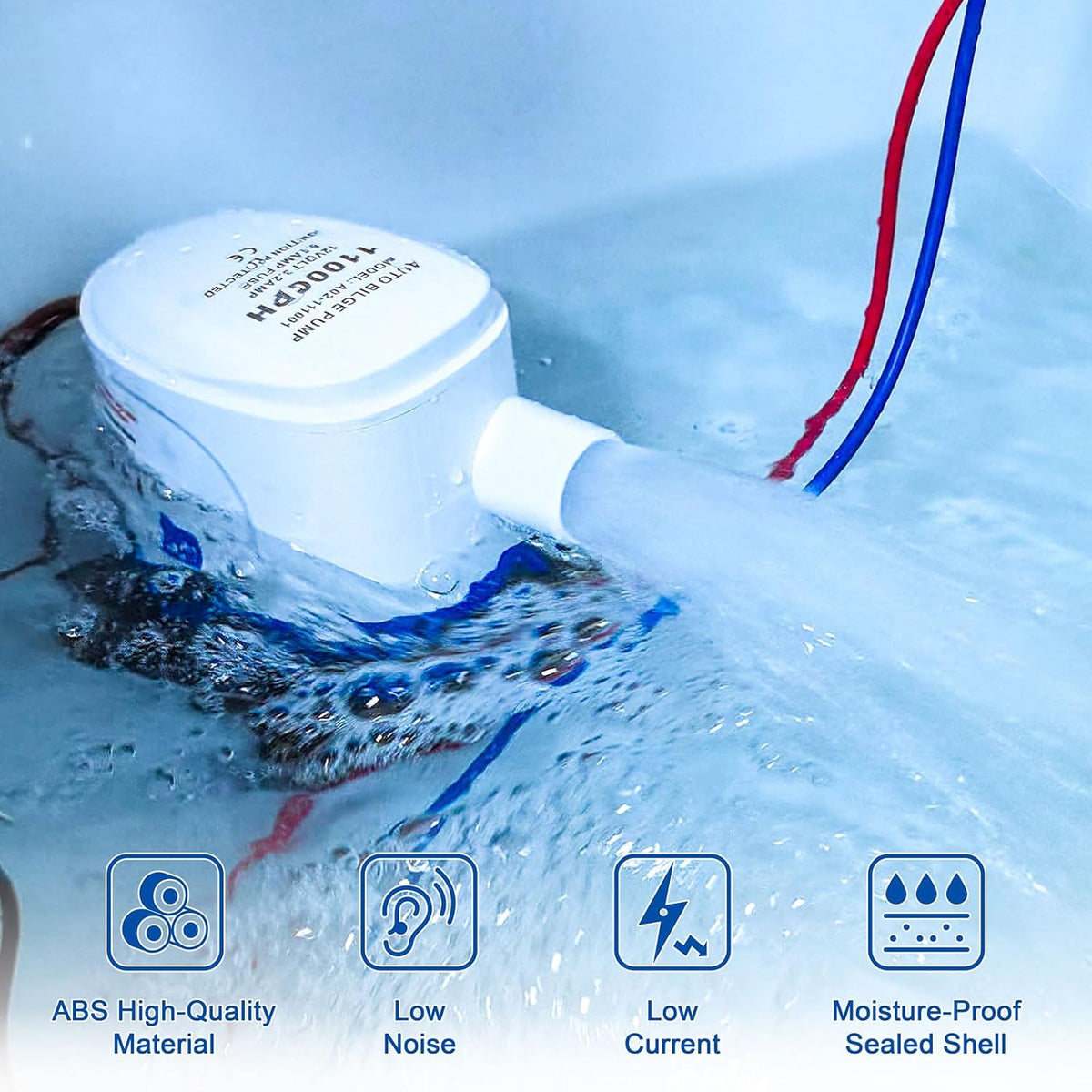 1100GPH Automatic Bilge Pump for Boats, 12V, 1-1/8" Outlet