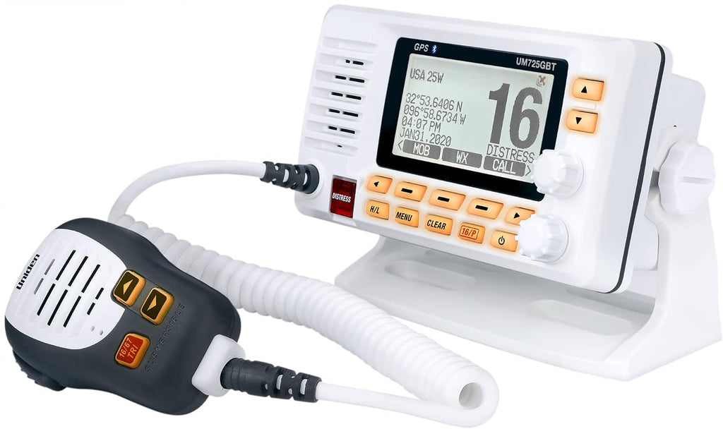 UM725GBT Marine VHF Radio, All USA, Canada, and Intl. Marine Channels, 1Watt/25Watt Transmit Power, Largest LCD Screen in Class, NOAA Weather Channels, Speaker Mic, GPS Built-In, and Bluetooth