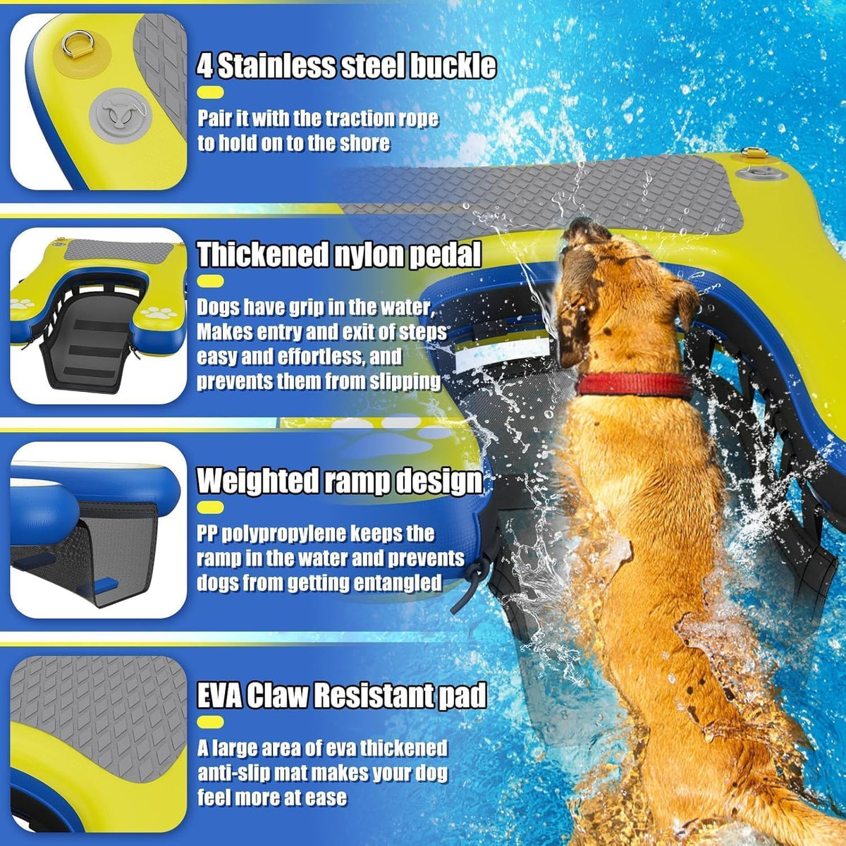 60" X40” Dog Boat Ramp for Large Dogs up to 240 Lbs, Inflatable Floating Dock Platform with Anti-Slip Safe & Easy Water Access, Dog Water Ramp Floats for Boat, Inground Pool, Lake
