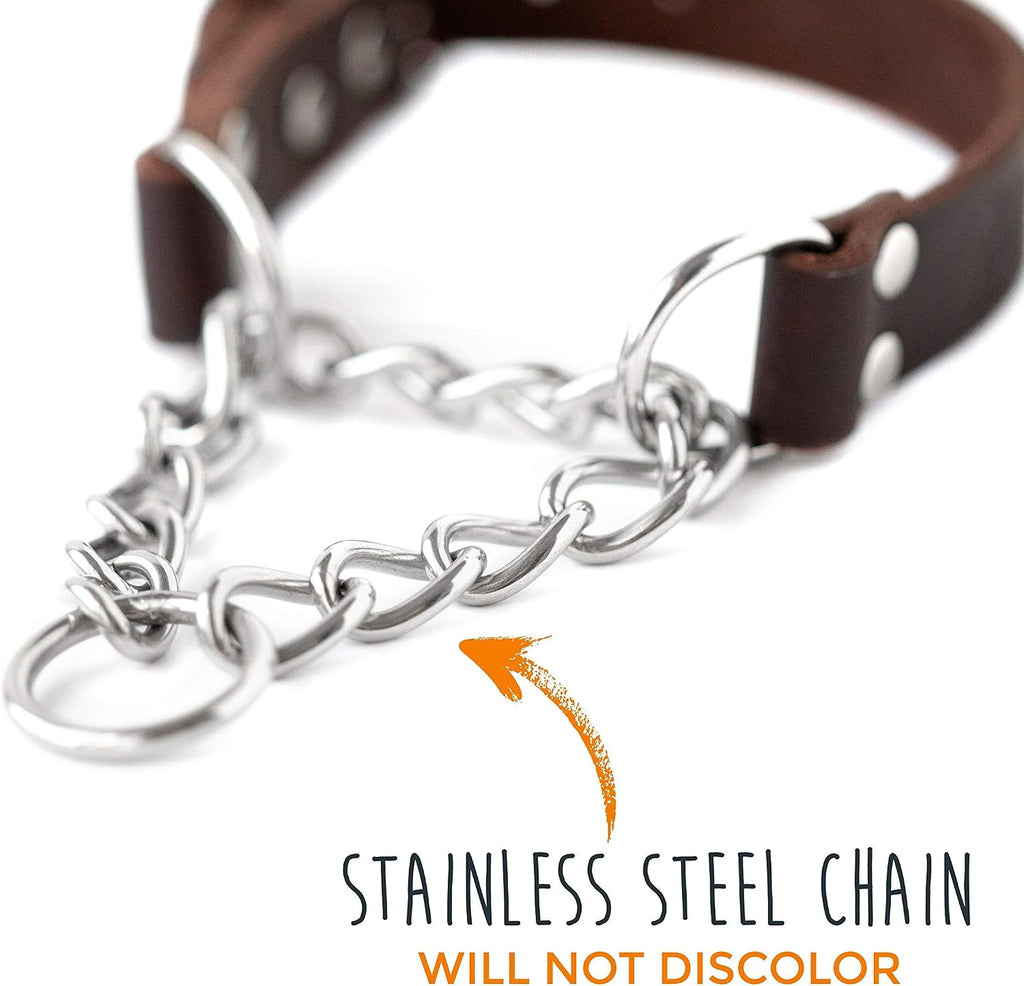 Martingale Dog Collar - No Pull Design - Stainless Steel Chain - Limited Chain Cinch Training - Brown Leather Martingale Training Collar - Medium Size