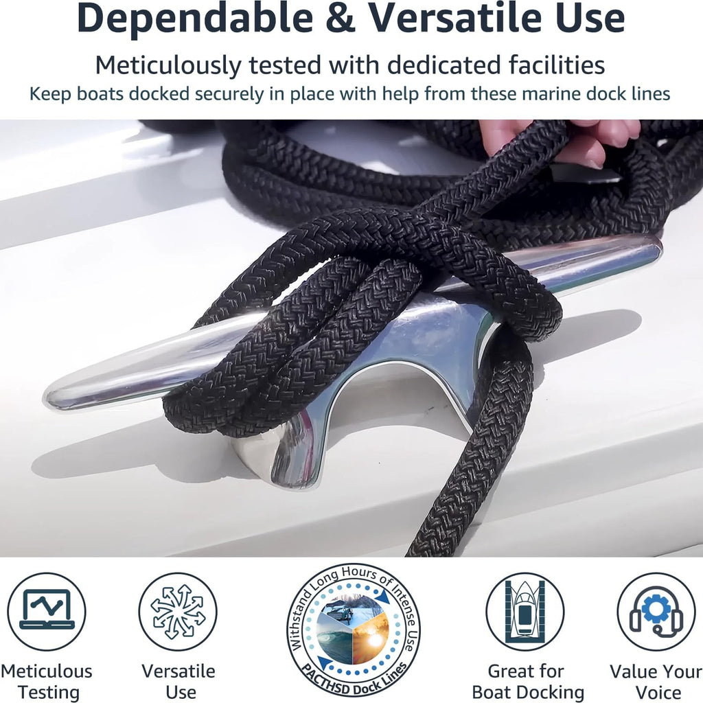 2 Pack 1/2" X 20' Dock Lines - Marine Grade Nylon Boat Rope with 12" Loop for Docking and Mooring - Double Braided Boat Lines, High Strength, Easy Handling, Fray Resistant - Black
