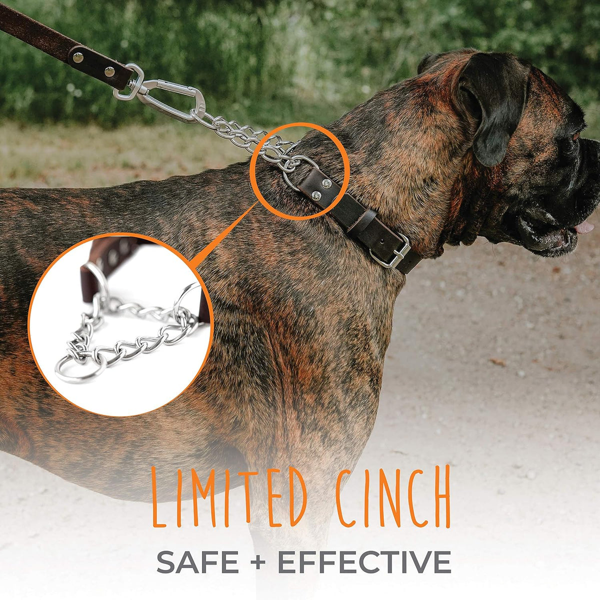 Martingale Dog Collar - No Pull Design - Stainless Steel Chain - Limited Chain Cinch Training - Brown Leather Martingale Training Collar - Medium Size