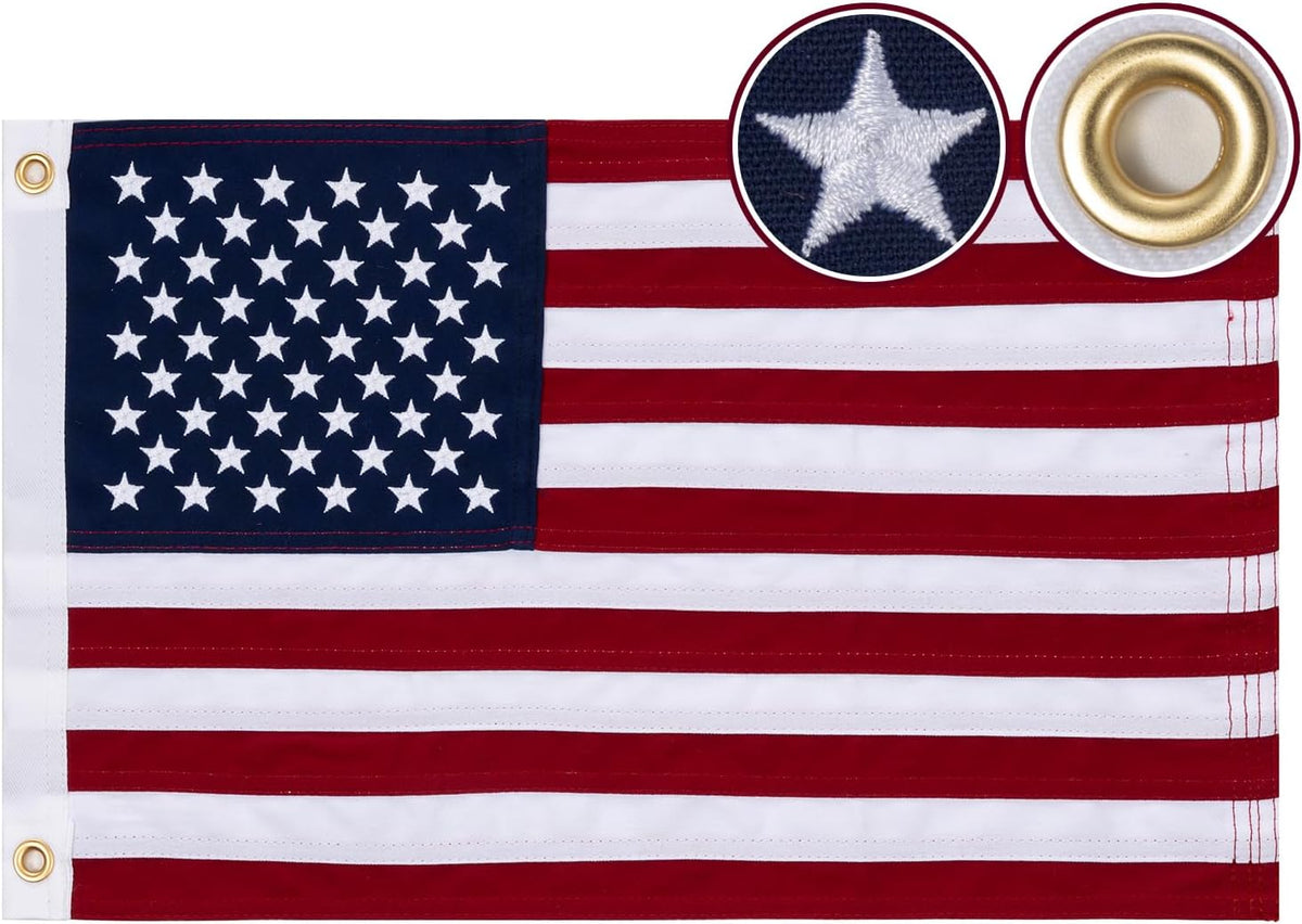 American Flag 12X18 Inch for Boat, Embroidered Small US USA Boat Flags for outside Patriotic Marine Windproof Heavy Duty Material for Boats Nautical America Flag with 2 Brass Grommets