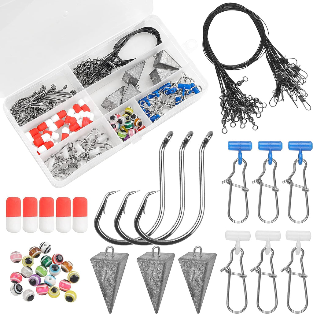 105PCS Surf Fishing Tackle Kit Fish Finder Rigs Saltwater Surf Fishing Rigs Live Bait Rig with Hooks Floats Sinker Slider Beads Pyramid Sinkers Leaders for Bass Beach Ocean Fishing Gear Accessories