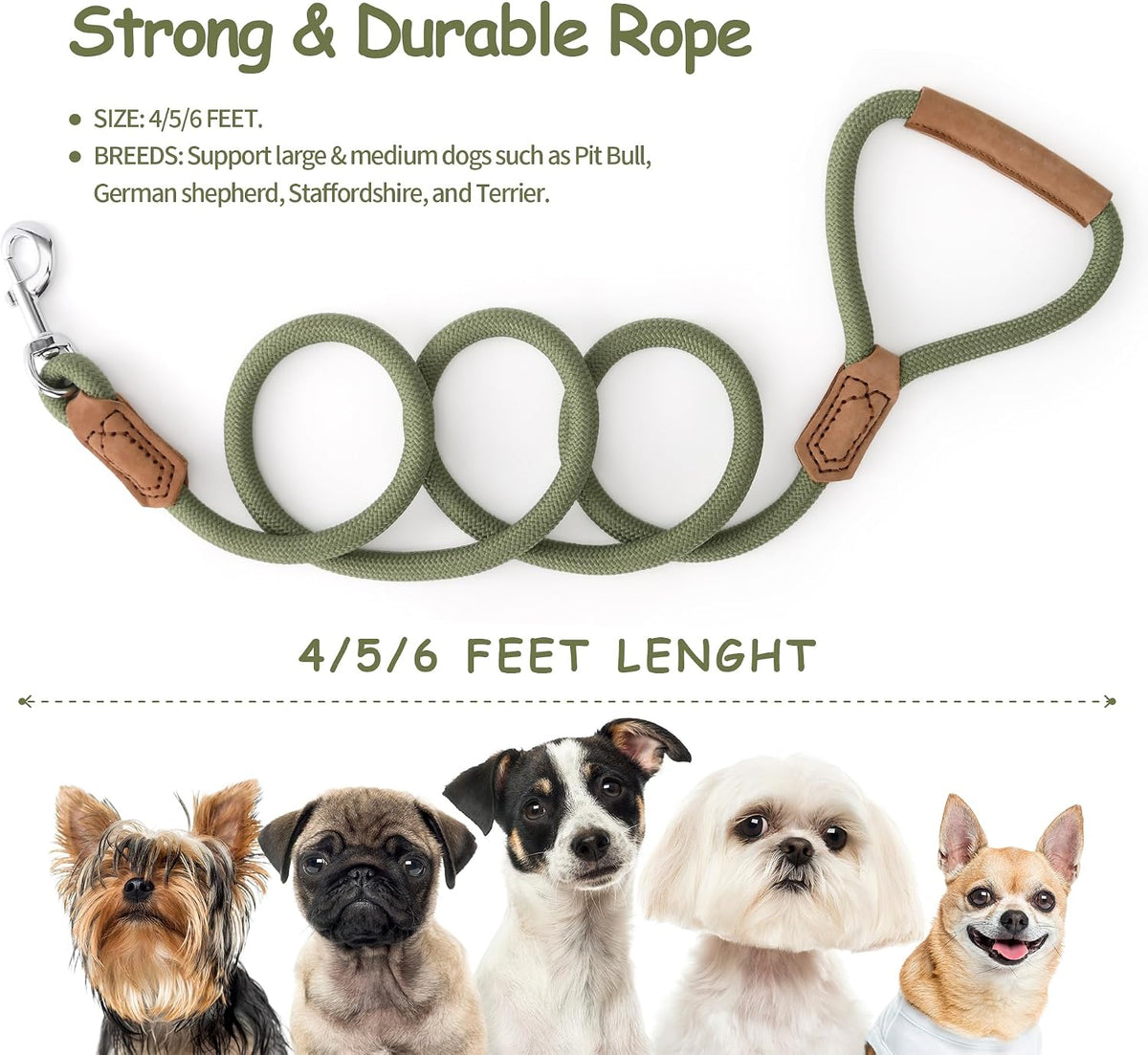 Dog Leash with Genuine Leather-Wrapped Ends/Handle, 4/5/6FT