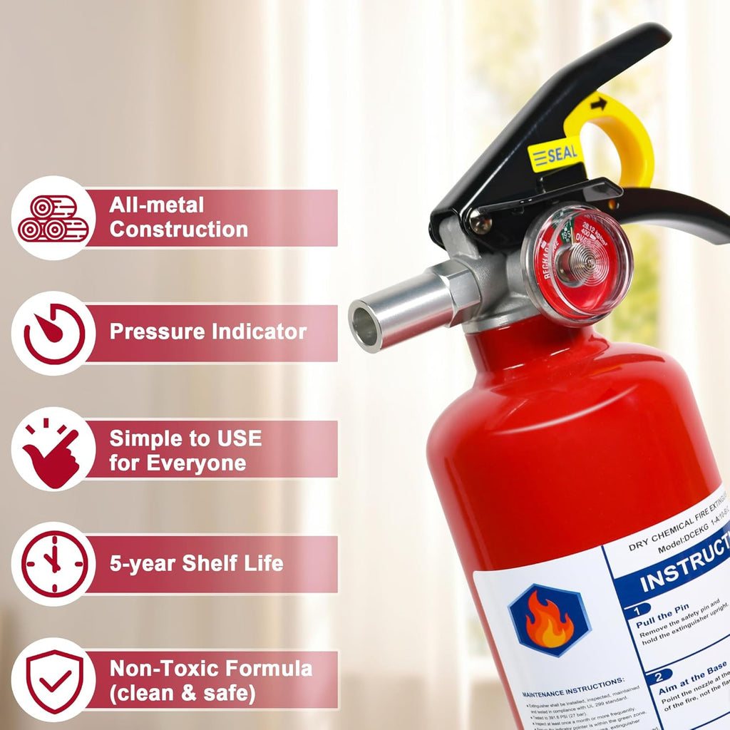 ABC Dry Chemical Fire Extinguisher, 2.5 Lb 1A:10B:C Rated - Quick-Release Handle, Compact Portable Fire Safety Gear for Home Vehicle Boat RV Kitchen Grill