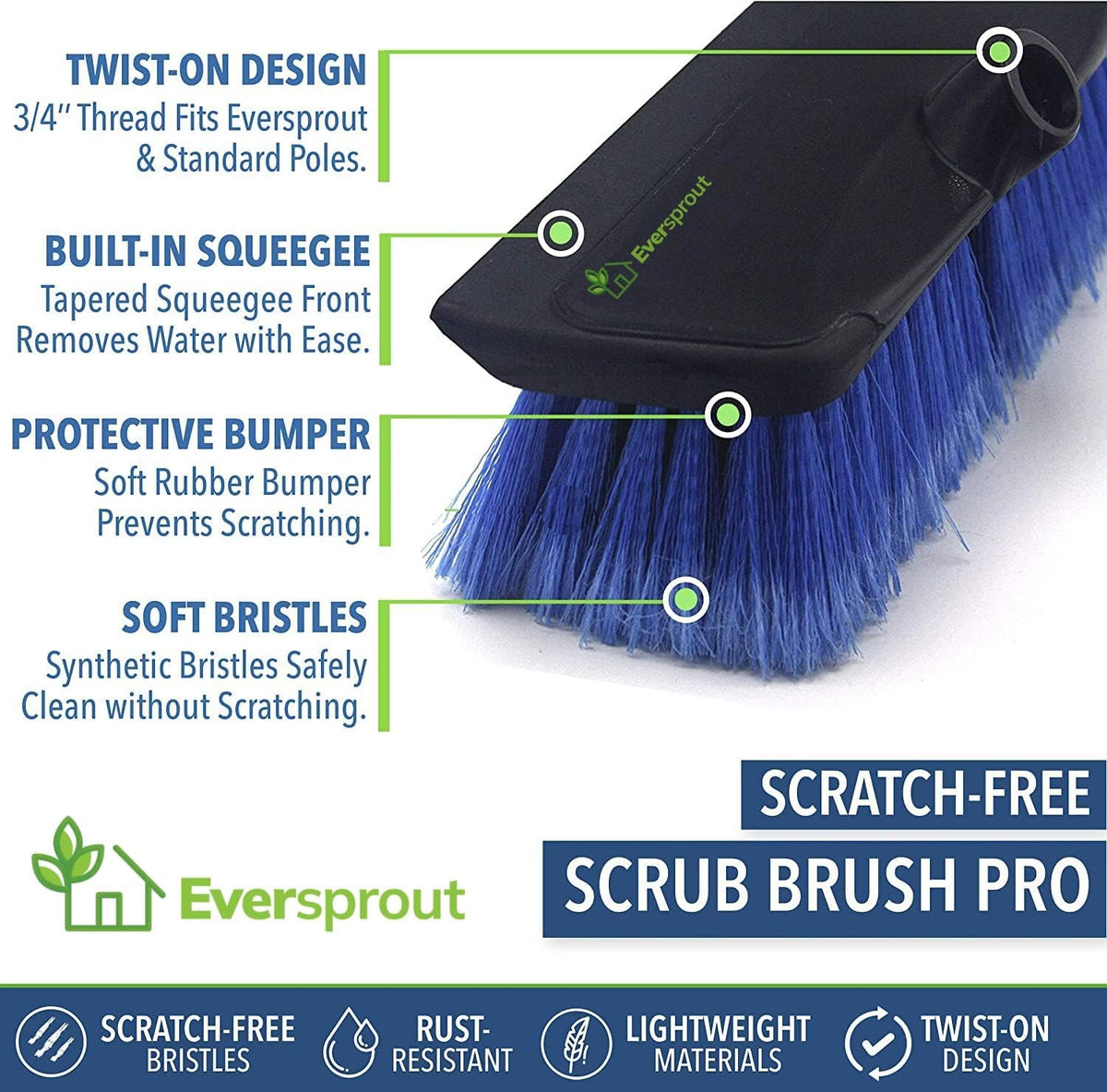 Scrub Brush, 1.5 to 3Ft Pole, Rubber Bumper, No-Scratch