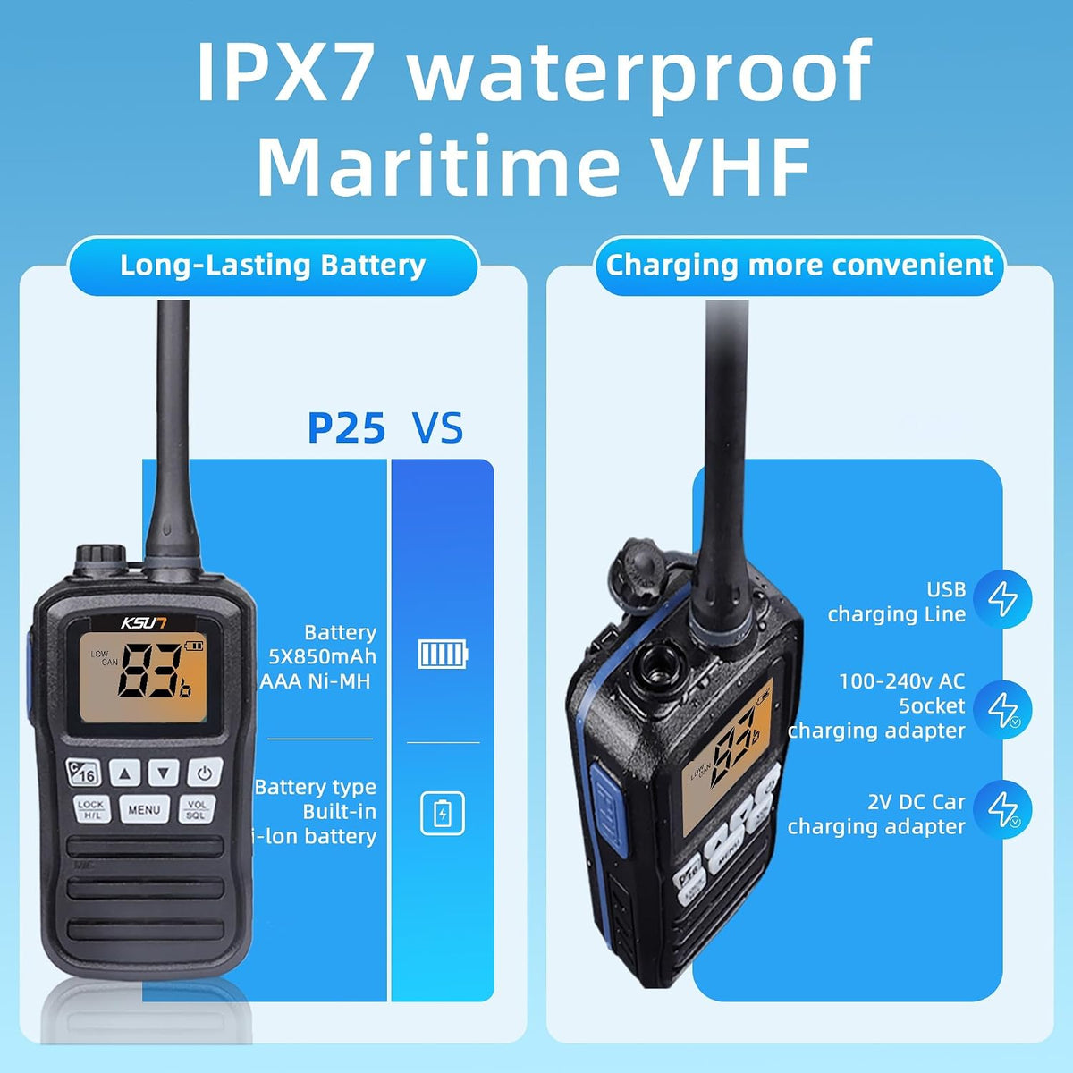 Handheld Two-Way VHF Marine Radio IPX7 Waterproof,Led Screen,10 NOAA Weather Channels,Flashing Light,Falling Water Alarm  P25 Walkie Talkie (1 Pack)