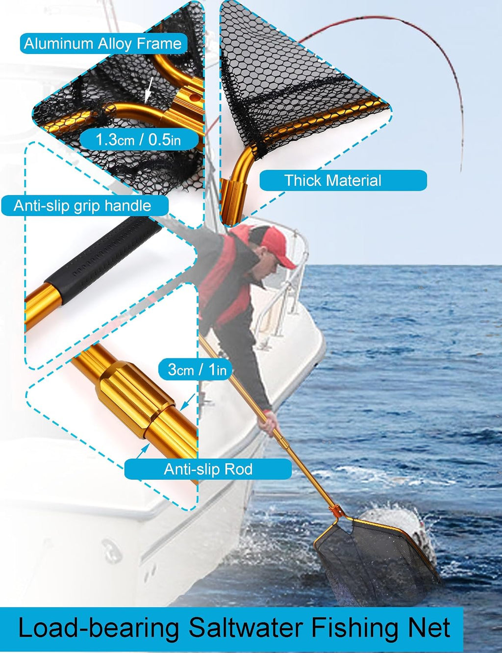 Extra Large Saltwater Fishing Net - 70.8"-105" Heavy Duty Telescopic Aluminum Handle, 37" Deep Snag-Free Rubber Mesh for Big Catfish Bass, Kayak Fishing Net with Carrying Bag