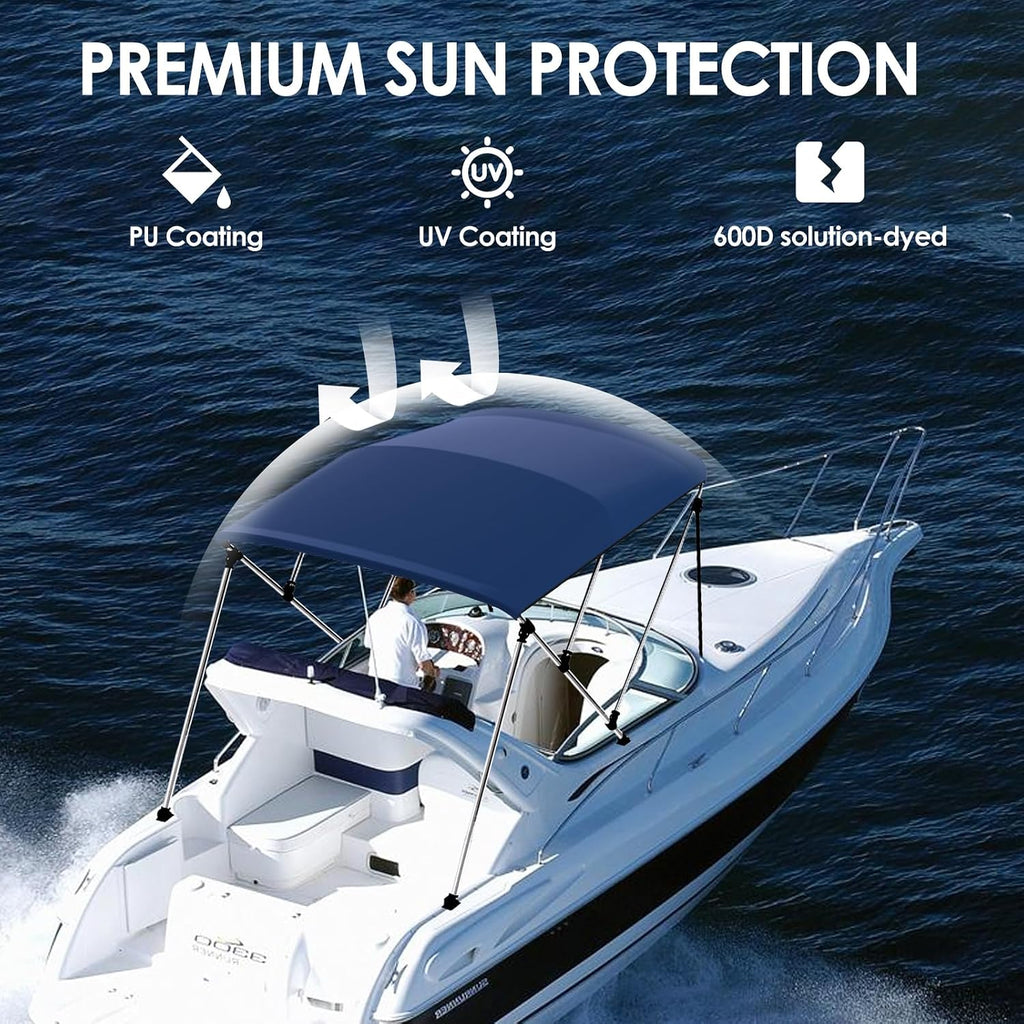 Bimini Boat Top Cover Sun Shade 3-4 Bow Boat Canopy Includes 4 Straps 2 Rear Support Poles Mounting Hardwares Storage Boot with 1" Aluminum Frame (Navy Blue, 3 Bow 6'L X 46" H X 54"-60" W)