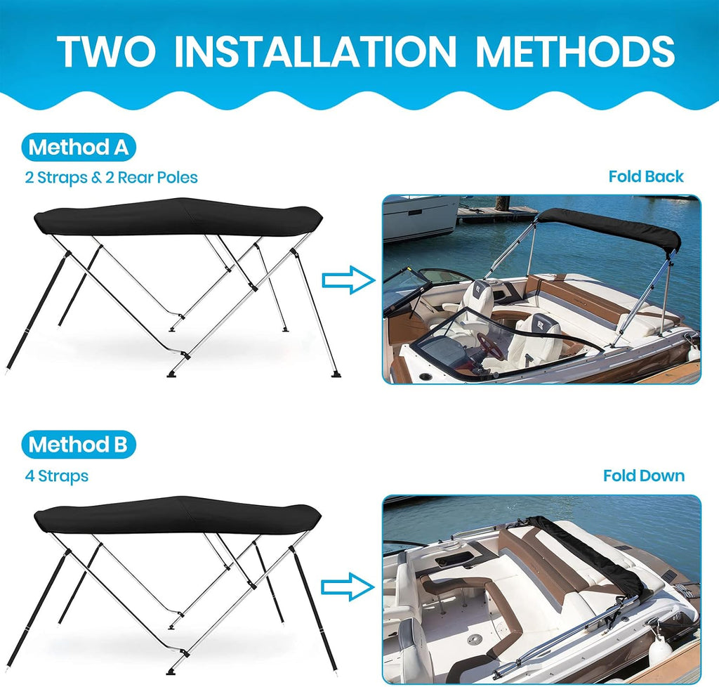 3 Bow & 4 Bow Bimini Top for Boats, 10 Colors, 13 Sizes