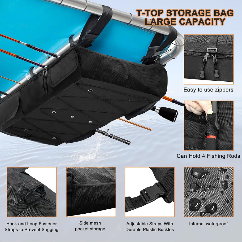 T-Top Storage Bag, Boat Life Jackets Bag Can Secure 4 Fishing Rods, Hold 4-6 Type II Life Jackets, for Most T-Top Hard Tops, Bimini-Tops, Pontoon Tops(Life Jackets Not Included)