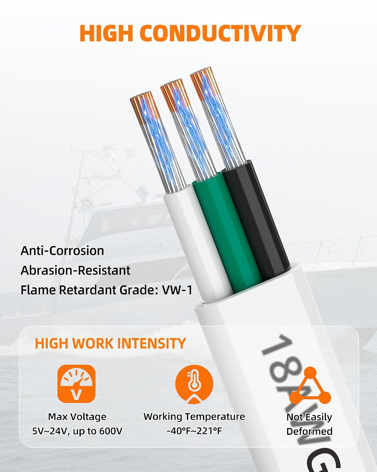 18 Gauge Marine Wire, 18/3 Wire Triplex Marine Grade Cable, 50FT