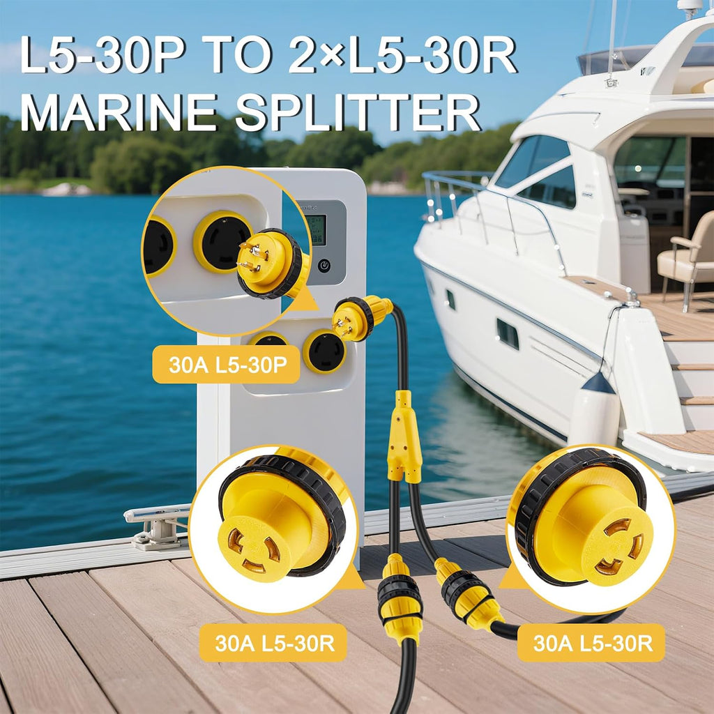 30 Amp Marine Shore Power Adapter, L5-30P Y Splitter to (2) L5-30R