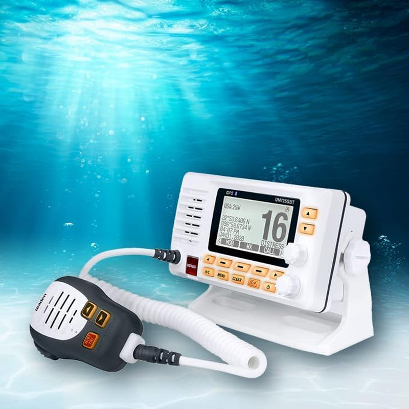 UM725GBT Marine VHF Radio, All USA, Canada, and Intl. Marine Channels, 1Watt/25Watt Transmit Power, Largest LCD Screen in Class, NOAA Weather Channels, Speaker Mic, GPS Built-In, and Bluetooth