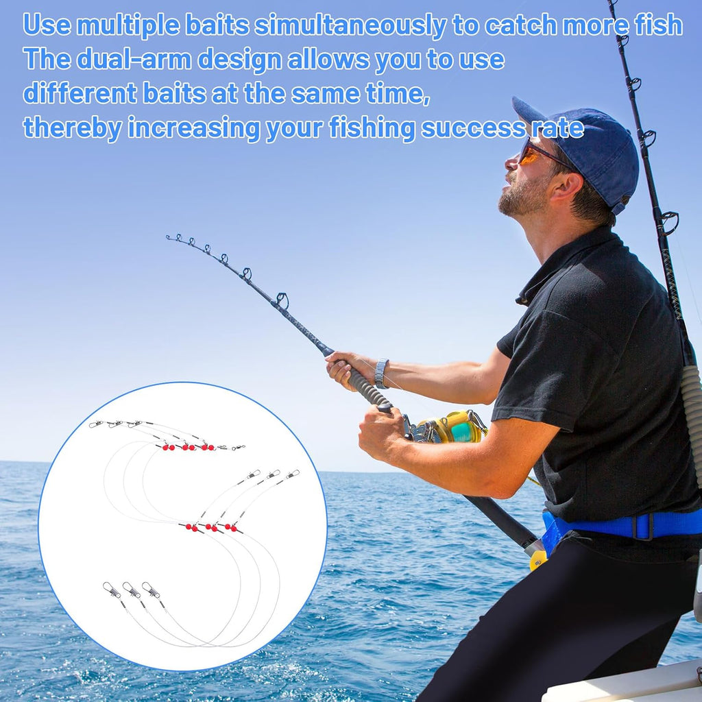 12 Pcs Double Drop Saltwater Fishing Rig - Pre-Tied 2 Hook Bottom Fishing Rigs with Swivels and Snaps - 90Lb Mono Leader Line for Snapper, Bass, Mackerel, Catfish, Surf Pier Boat