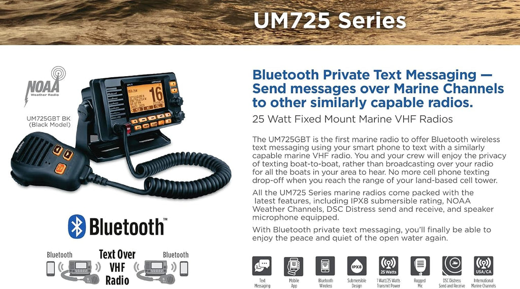 UM725GBT Marine VHF Radio, All USA, Canada, and Intl. Marine Channels, 1Watt/25Watt Transmit Power, Largest LCD Screen in Class, NOAA Weather Channels, Speaker Mic, GPS Built-In, and Bluetooth