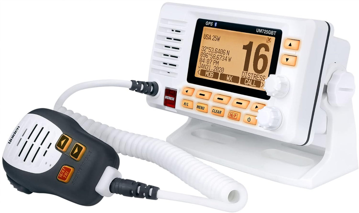 UM725GBT Marine VHF Radio, All USA, Canada, and Intl. Marine Channels, 1Watt/25Watt Transmit Power, Largest LCD Screen in Class, NOAA Weather Channels, Speaker Mic, GPS Built-In, and Bluetooth