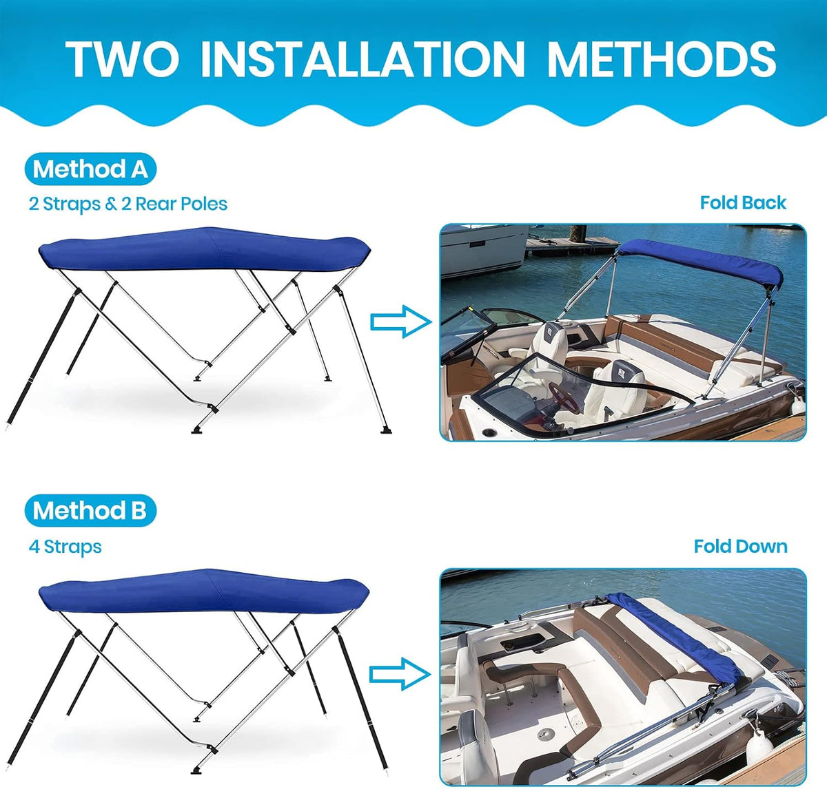 3 Bow & 4 Bow Bimini Top for Boats, 10 Colors, 13 Sizes