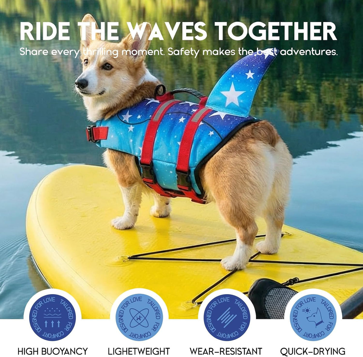 Dog Life Jacket - Pet Safety Vest for Swimming & Boating, Shark Life Jacket with Floatation, Dog Lifesavers Swimsuits for Small Medium Large Dogs (Gradstar, L)