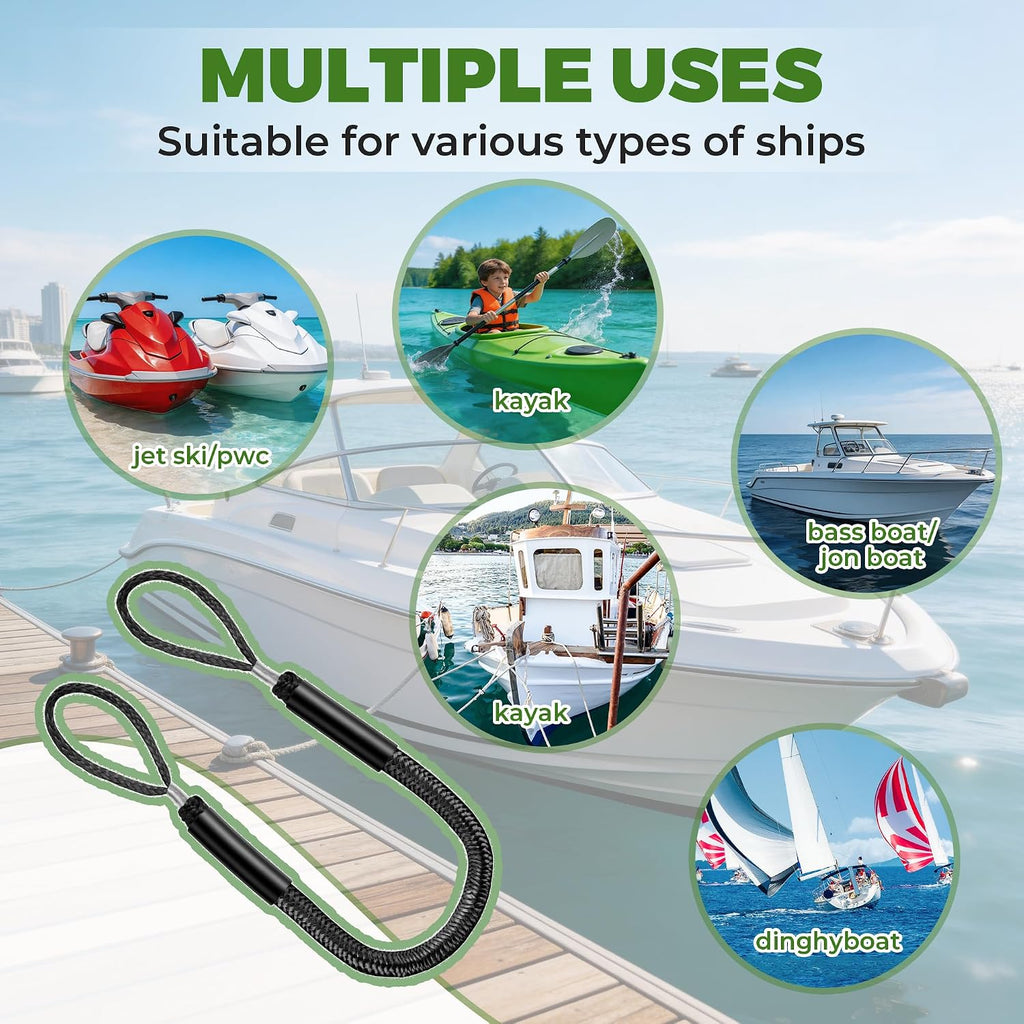 Bungee Dock Line for Boats 4FT Stretchable Boat Dock Lines with Built-In Bungee Cord Foam Floats Quick Dock Rope for Jet Ski Pontoon Kayak Elastic Boat Docking Line Boating Gifts for Men 4P Black