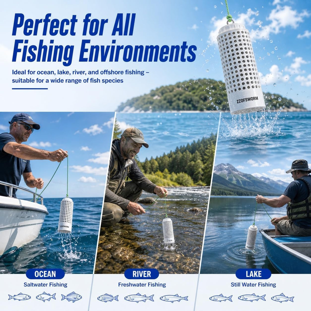 Bait Cage for Fishing, Chum Bucket & Bait Barrel, PVC Fish Chum Cage with 316 Stainless Steel, Bait Bucket for Saltwater Fishing, 360° Water Flow, Indestructible with 32Feet Glow Rope
