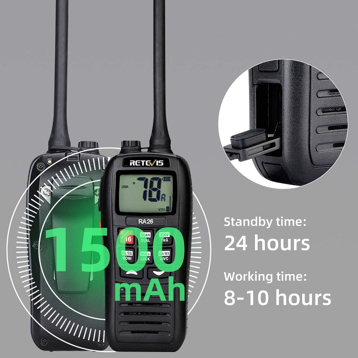 RA26 5W VHF Marine Radio IP67 Floating, Micro USB for Boats(1 Pack)