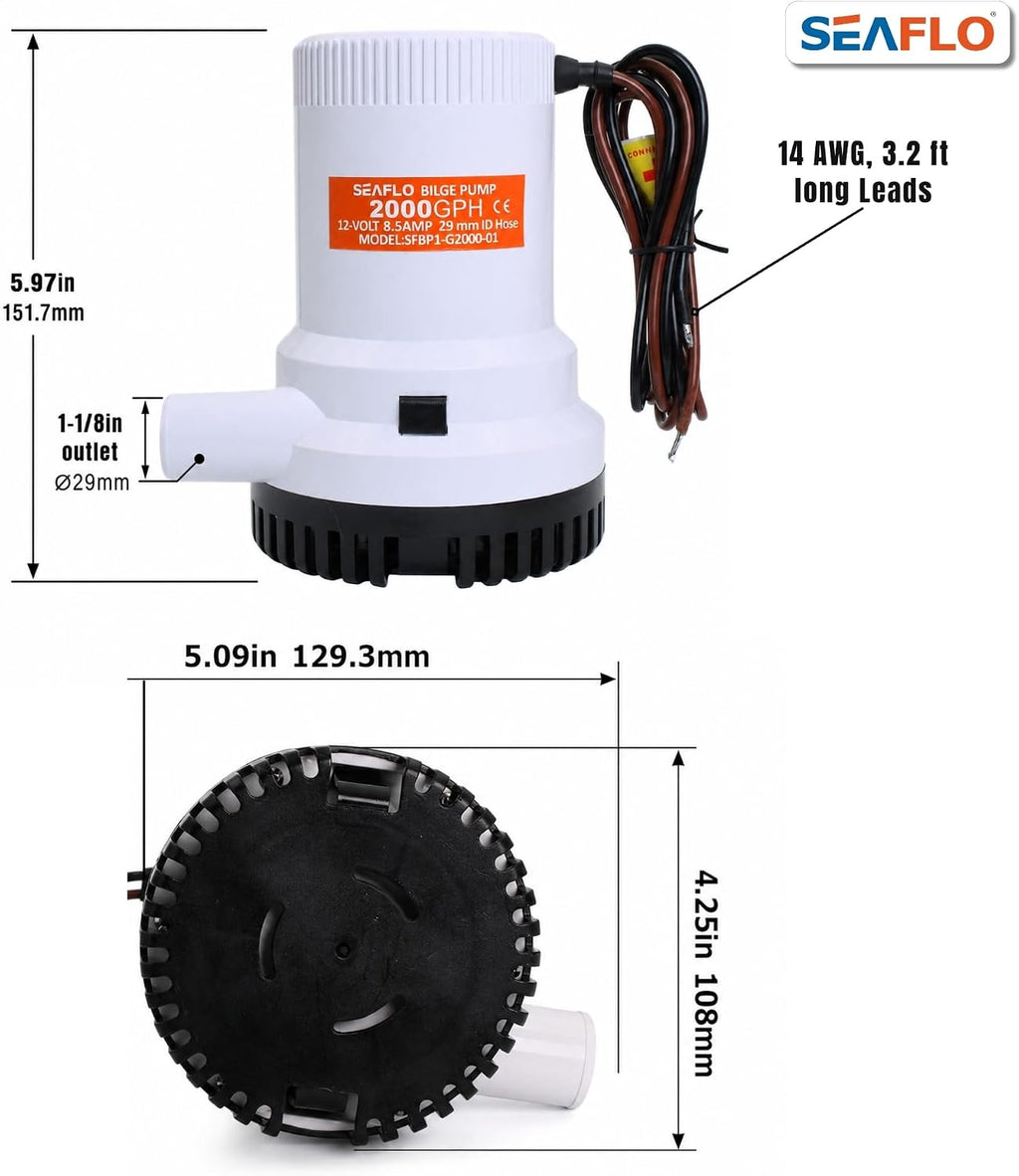 01 Series 2000 GPH Bilge Pump – 12V, 1-1/8" Outlet, Marine Submersible Pump with Anti-Airlock Protection, CE & Rohs Certified, 4-Year Warranty | Reliable for Boats and Marine Applications
