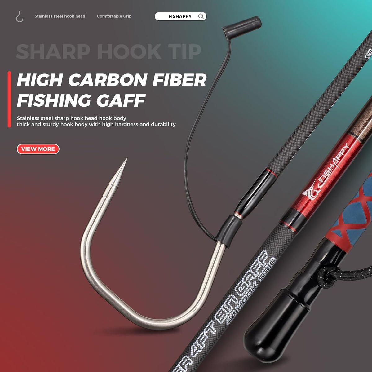 Fishing Gaff Saltwater Fish Gaff with S316 Stainless Steel Fishing Hook Carbon Fiber Fishing Gaff