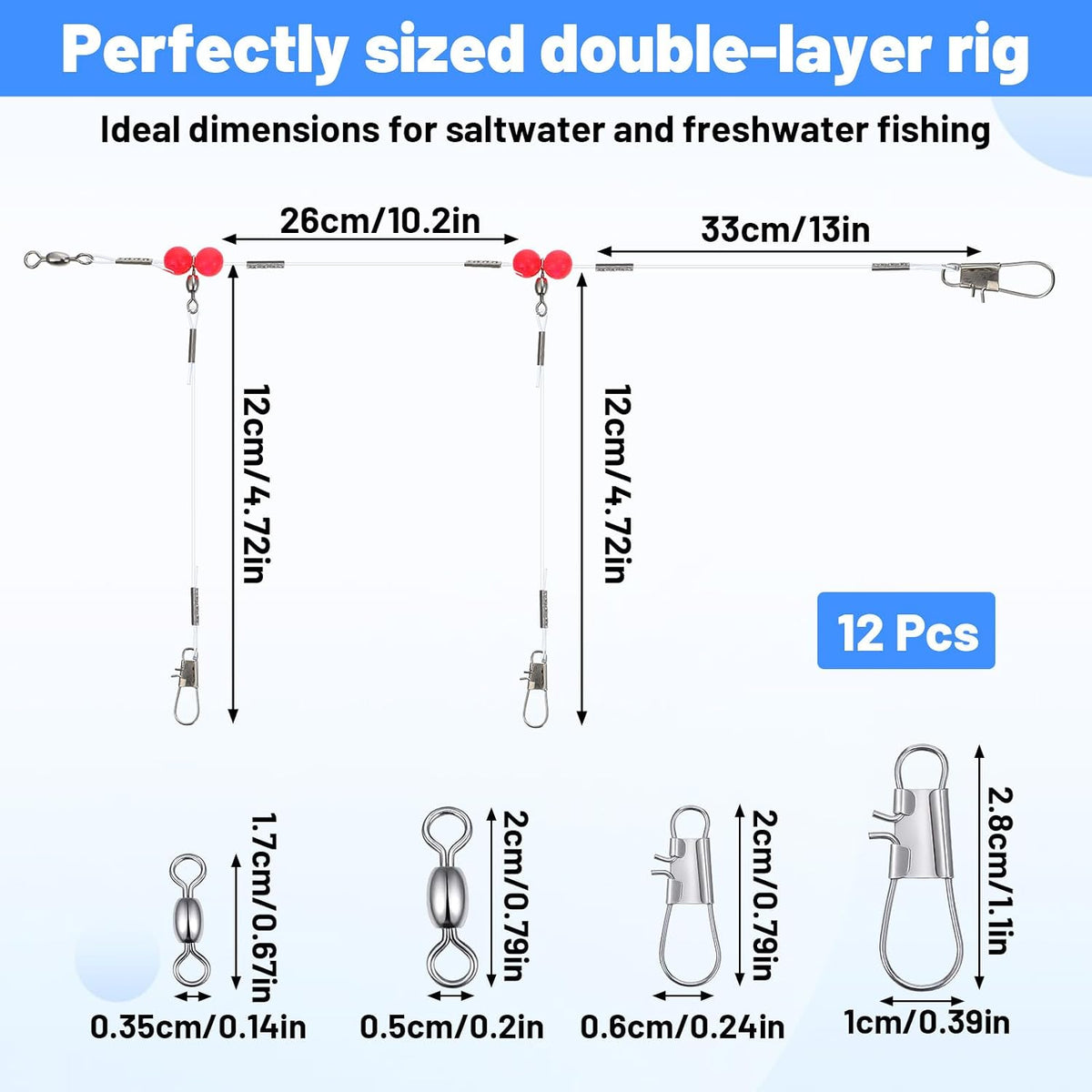 12 Pcs Double Drop Saltwater Fishing Rig - Pre-Tied 2 Hook Bottom Fishing Rigs with Swivels and Snaps - 90Lb Mono Leader Line for Snapper, Bass, Mackerel, Catfish, Surf Pier Boat