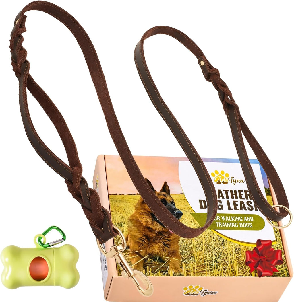 Leather Dog Leash with Traffic Handle, 6Ft, Medium & Large Dogs