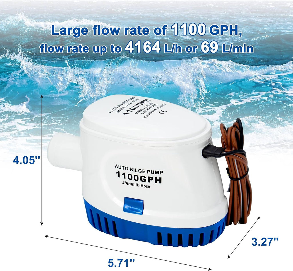 1100GPH Automatic Bilge Pump for Boats, 12V, 1-1/8" Outlet