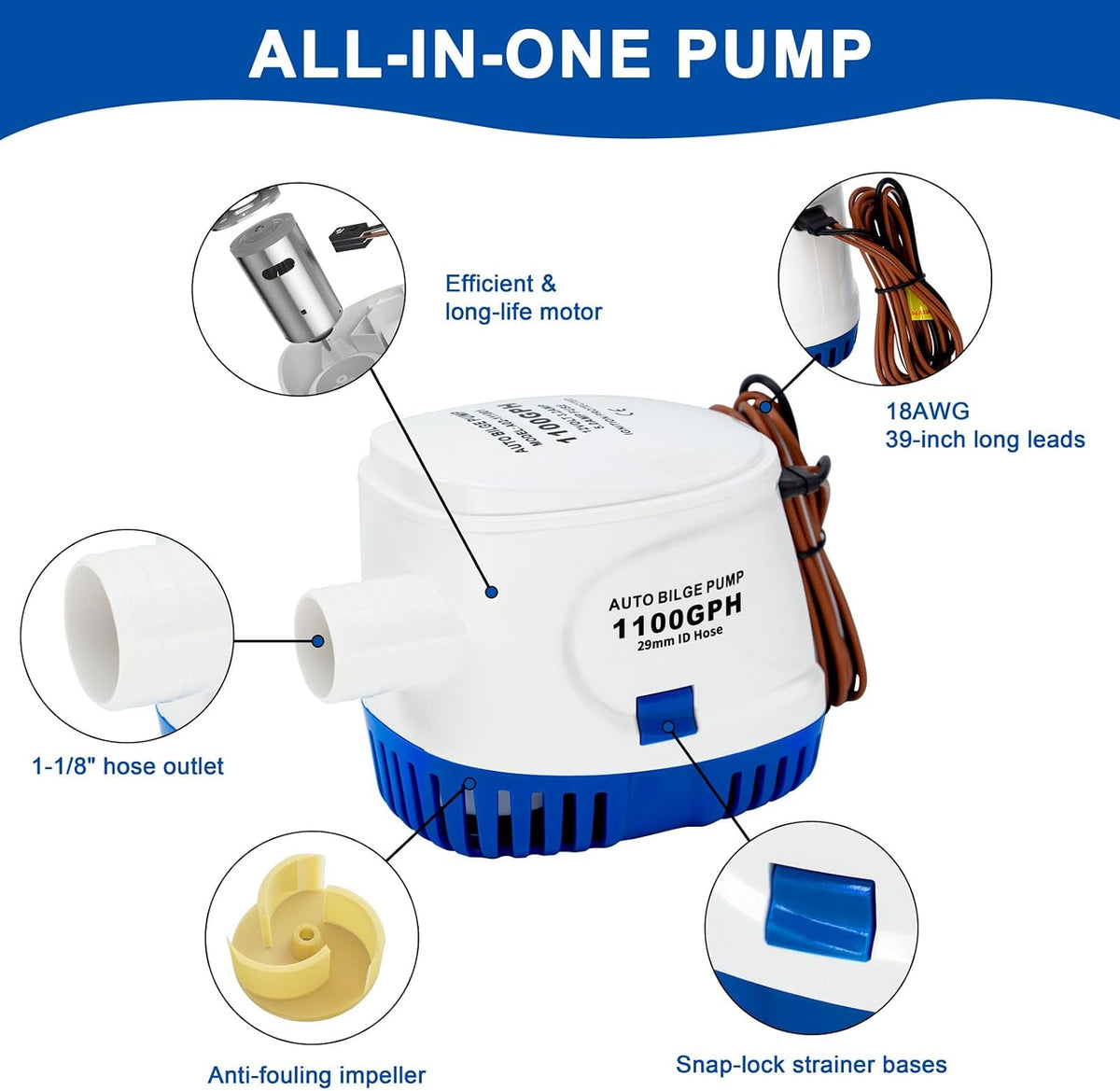 1100GPH Automatic Bilge Pump for Boats, 12V, 1-1/8" Outlet