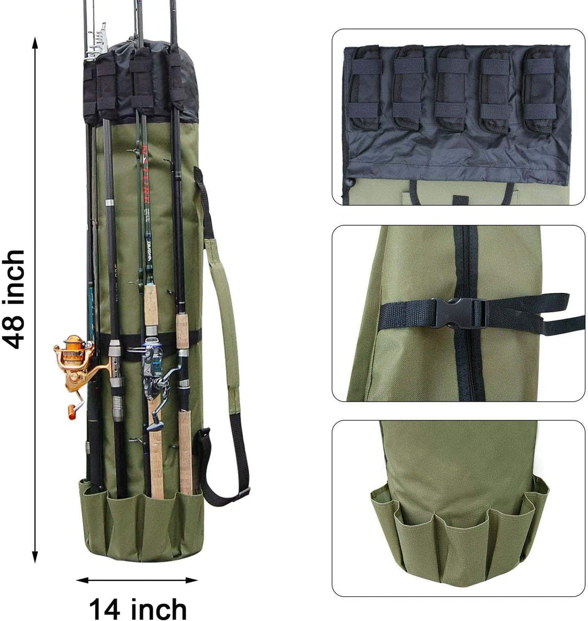 Multifunction Fishing Pole Bag - Waterproof Rod Reel Bag Carrier Case, Durable Canvas Tackle Large Storage Gift for Men Travel, Khaki