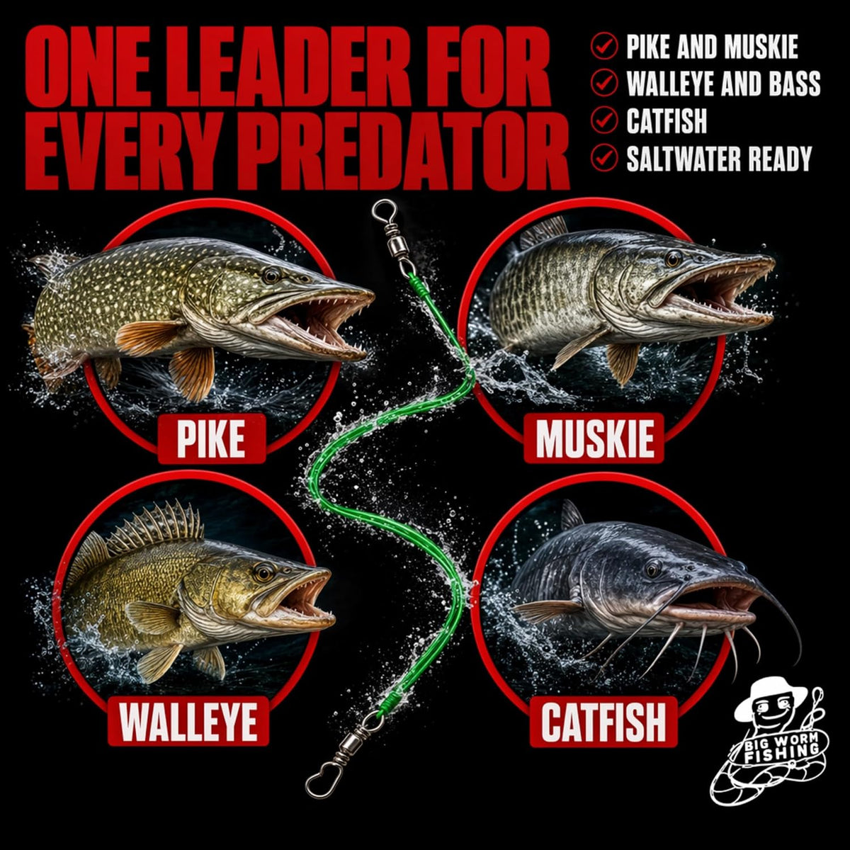 Fishing Leaders with Swivels - Carp - Pike - Catfish - Muskie - Walleye - Bass - Mackerel - Snapper