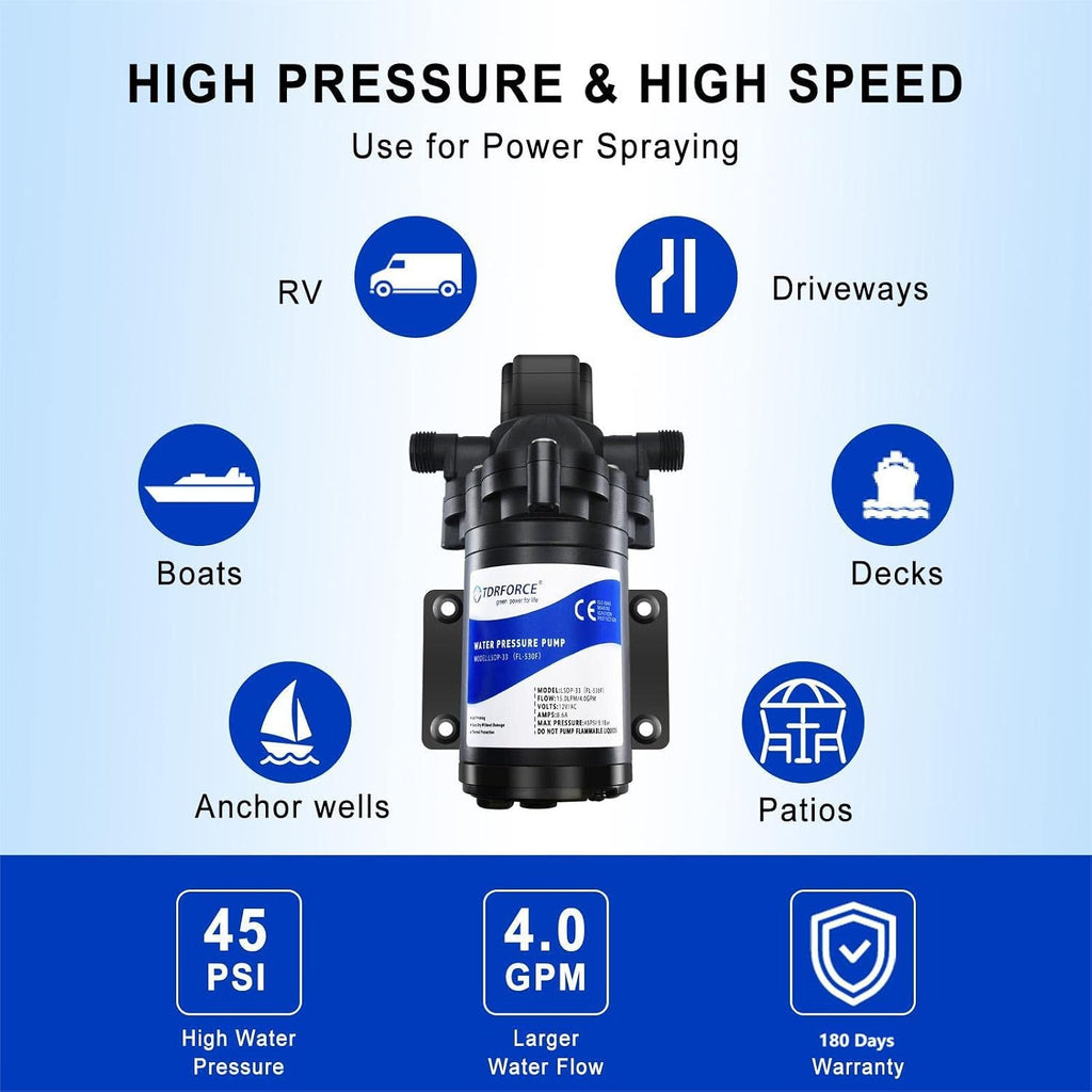 12V DC RV Fresh Water Pump 4 GPM Pressure Increase Booster Pump 45 PSI Transfer Pump Self Priming on Demand Water Pump Diaphragm Pump Washdown for Boats Inline Marine