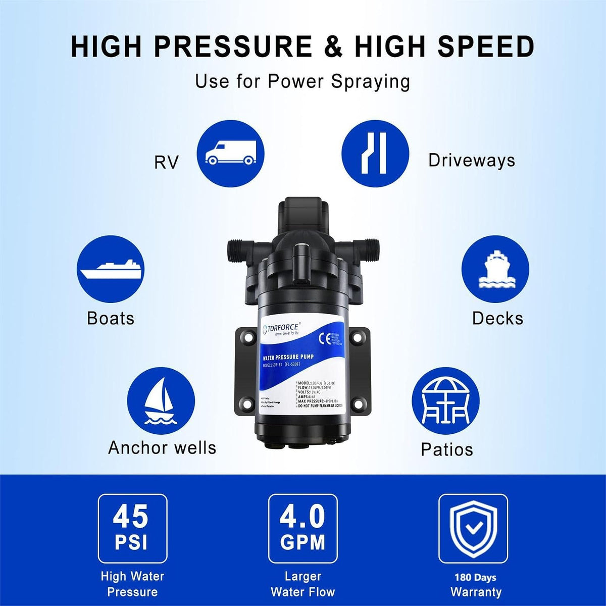 12V DC RV Fresh Water Pump 4 GPM Pressure Increase Booster Pump 45 PSI Transfer Pump Self Priming on Demand Water Pump Diaphragm Pump Washdown for Boats Inline Marine